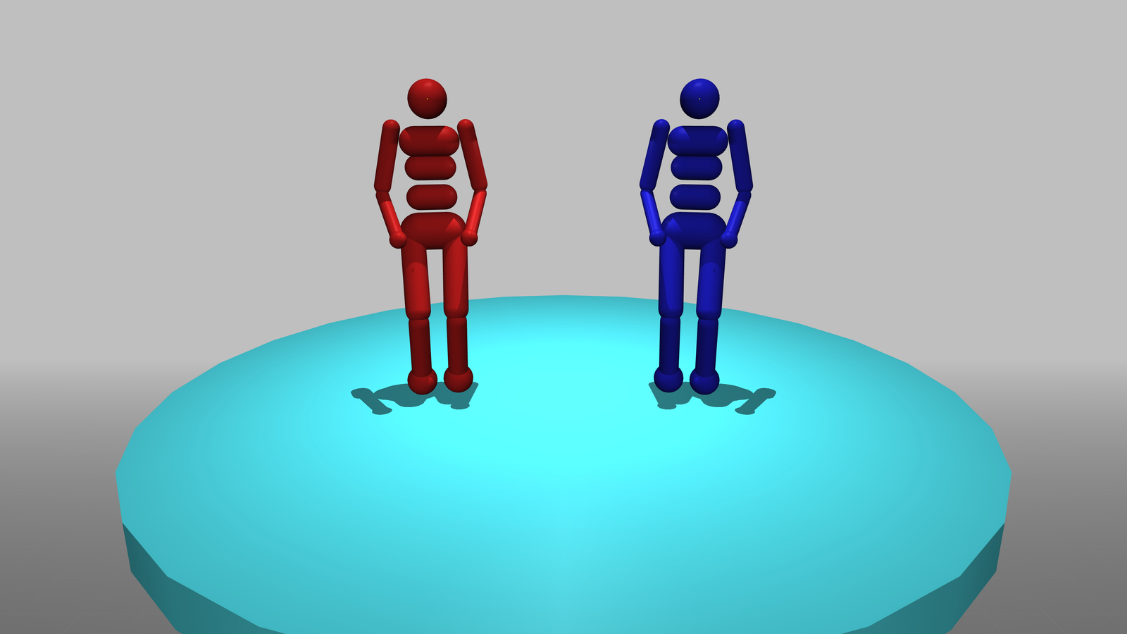 Red and blue simulated humanoids standing side by side on the sumo platform