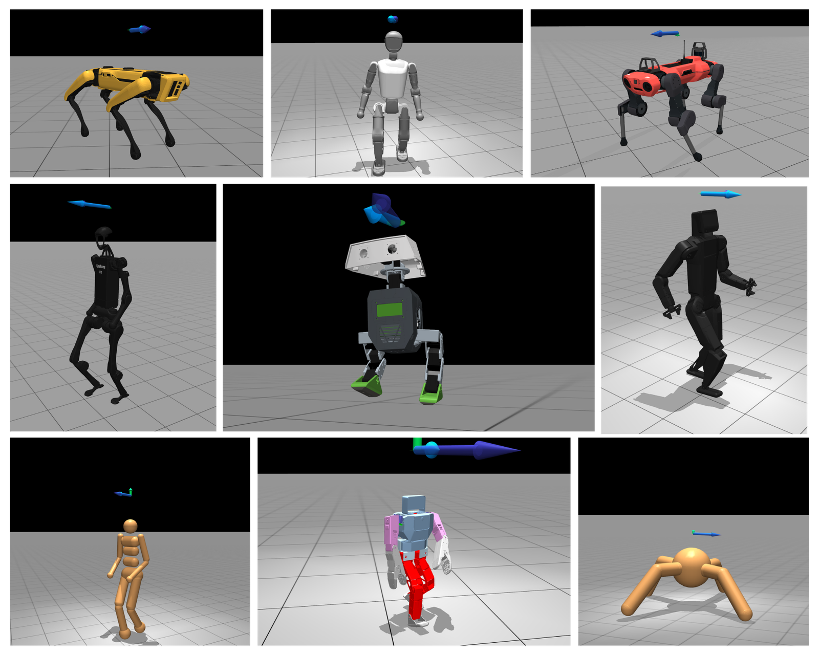 A selection of bipeds, humanoids, and quadrupeds supported by Velocity Hub